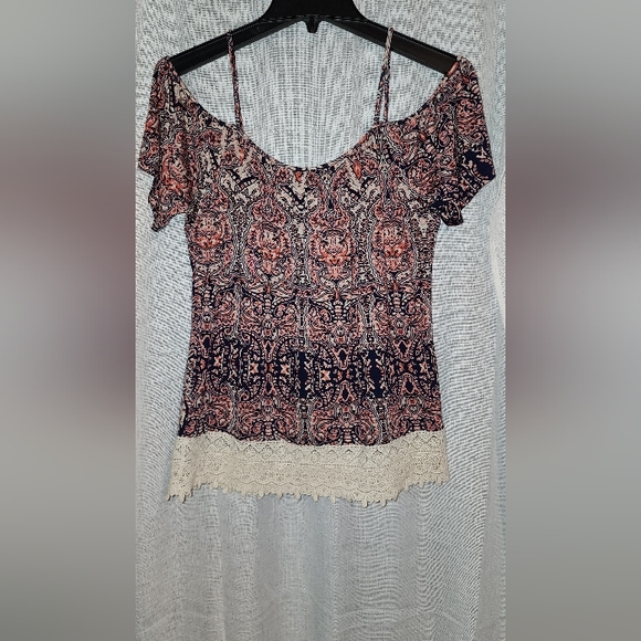 New Maurices Boho Cold Shoulder Short Sleeve Blouse Crochet Lace Hem Flowy Comfy - Picture 11 of 13